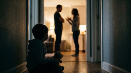 A child sits in a hallway while two adults argue in a lit room beyond the door.